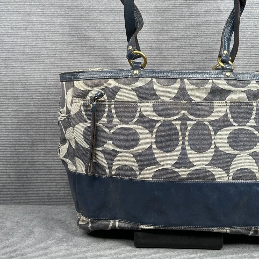 Coach Signature Diaper Bag Tote Navy Blue Grey Canvas Leather 12548 Vtg